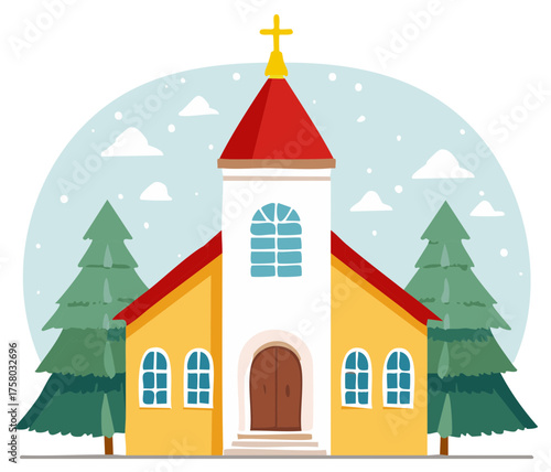Vector illustration of a quaint church with pine trees and a snowy sky