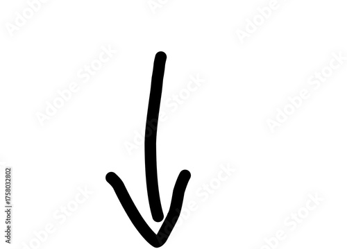 A simple, hand-drawn vector illustration of an arrow pointing downwards. The style is deliberately rough, giving it a quick, casual, and authentic handwritten or doodle aesthetic