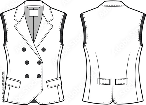 Double breasted sleeveless vest flat sketch, fashionable tailored waistcoat CAD drawing, vector clothing design template, formal apparel technical illustration