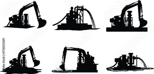  Dredging equipment silhouettes with excavators, pump systems, slurry discharge, and operators, ideal for construction, waterway maintenance, sediment removal, and industrial engineering themes