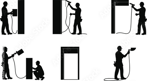  Drywall worker silhouettes, drywall installation stages, plastering and spraying actions, sheet installation teamwork, doorway finishing, construction site safety, interior renovation vector