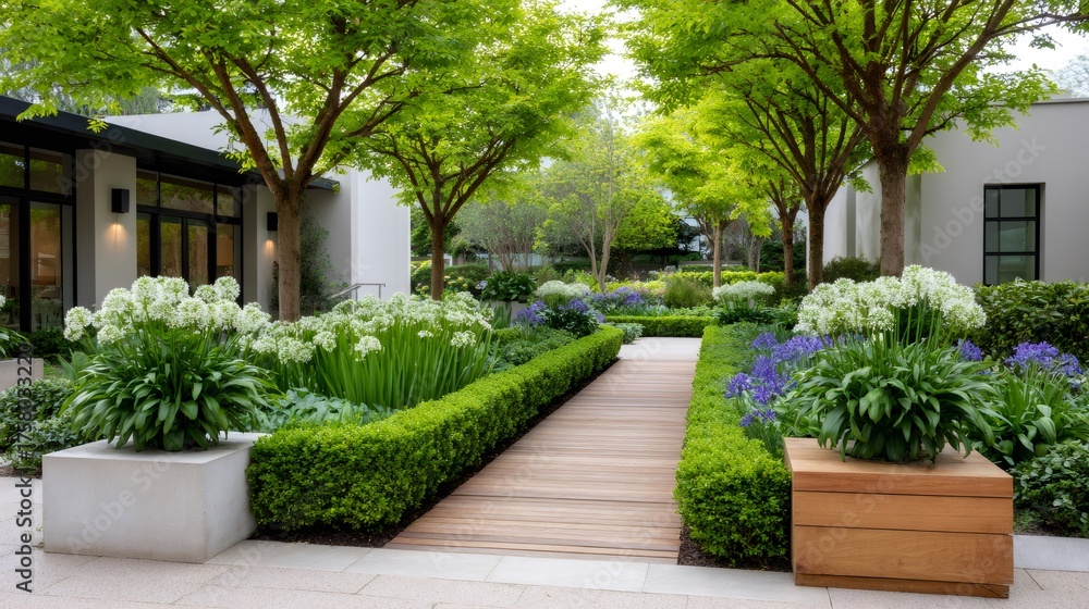 Fototapeta premium Modern garden design featuring alliums, boxwood hedges, and wooden walkway