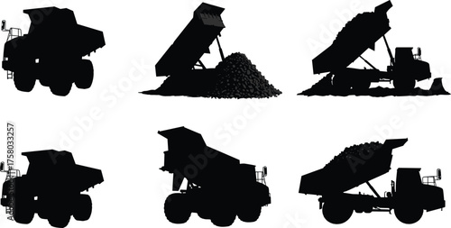  Dump truck silhouettes, side view illustration, unloading gravel, construction vehicle vector, industrial transport, heavy machinery, stock content for Adobe Stock