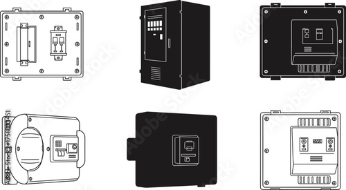  Electrical panel and device silhouette set, circuit breaker icons, black vector illustration, power supply graphics, engineering equipment visuals, industrial control symbols