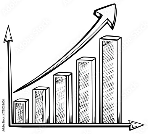 Hand Drawn Bar Chart Graph with Arrow Indicating Growth and Positive Progress