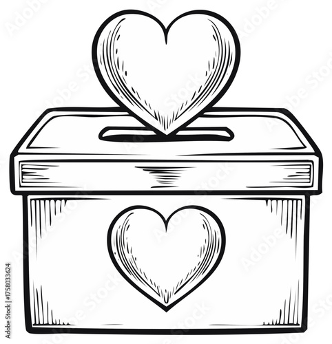 Illustration of a charity donation box with heart symbols, vector sketch style