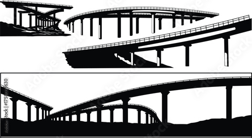 Elevated highway silhouette, bridge structures, urban overpass design, infrastructure engineering, black vector illustration, editable stock content for architecture, planning, and civil construction