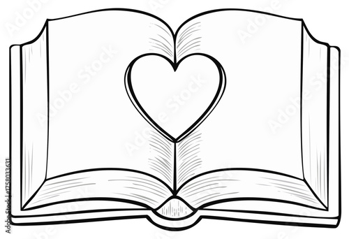 Open book with heart, hand drawn sketch illustration of love story or reading