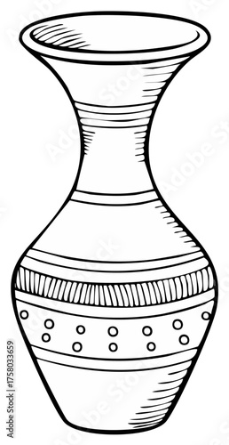 Decorative vase outline in black and white. Hand drawn illustration of vessel.