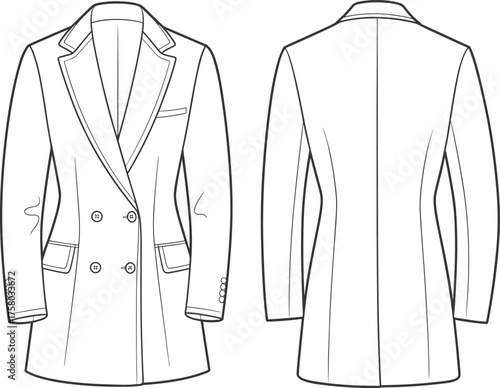 Elegant double breasted blazer technical flat sketch, women’s tailored coat front and back view, stylish fashion design CAD drawing vector illustration