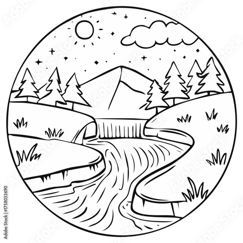 Mountain Landscape Vector Outline with River Waterfall Trees Stars Moon and Cloud in Circle