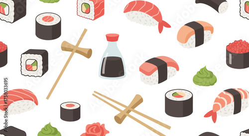 Sushi pattern with rolls, nigiri, soy sauce, wasabi, and chopsticks.