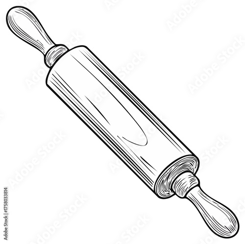 Classic wooden rolling pin with handles, hand-drawn illustration, baking tool