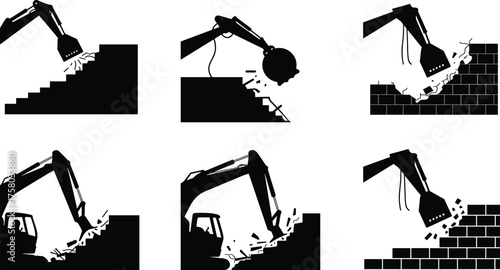  Excavator demolition silhouette set, wall breaking icons, black vector illustration, construction machinery graphics, building destruction visuals, heavy equipment symbols, debris impact design