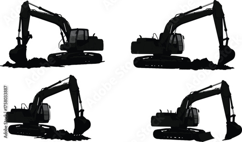  Excavator silhouettes, construction machinery vector, digging equipment illustration, hydraulic arm and bucket, earthmoving tools, black industrial icons, heavy-duty site operation