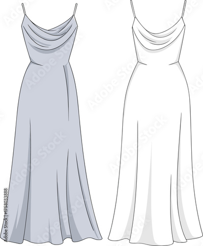 Elegant long slip dress front view cad drawing flat vector illustration, fashion design template, women evening gown, draped neckline style