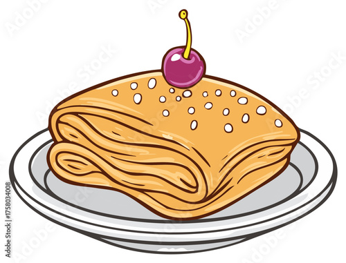 Cartoon dessert with cherry, flaky pastry on a plate. Vector illustration.