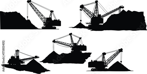 Excavator silhouettes, dragline machines, mining equipment, earthmoving operation, heavy 