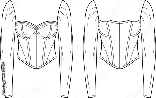 Elegant off shoulder corset top fashion technical flat drawing with long sleeves and structured seams, cad drawing flat vector illustration