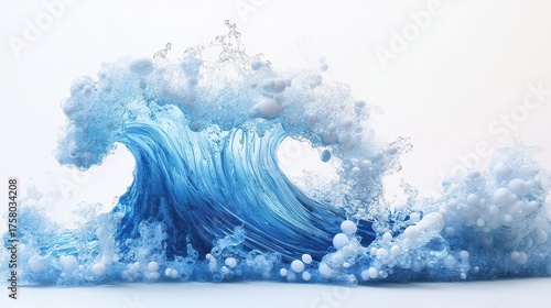 Abstract blue wave with foam, isolated on white.
