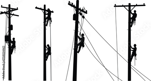 Four Utility Lineworkers Climbing Poles, Wearing Safety Harnesses, Performing Electrical Maintenance on Power Lines, Linemen Repairing Insulators, Telecommunication Tower Work