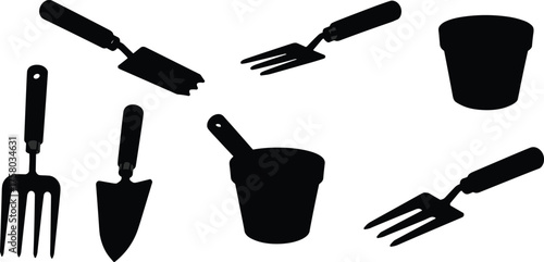  Gardening tool silhouette, hand trowel and fork icon, plant pot vector, black illustration, soil cultivation gear, garden equipment, horticulture concept design