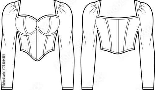 Fashion corset top with puff sleeve technical flat sketch, elegant bodice design, sewing pattern, cad drawing flat vector illustration