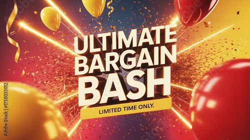 Celebrate incredible savings at our ultimate bargain bash event, a limited time offer you can't miss, featuring festive balloons, confetti, and a burst of excitement for unbeatable deals