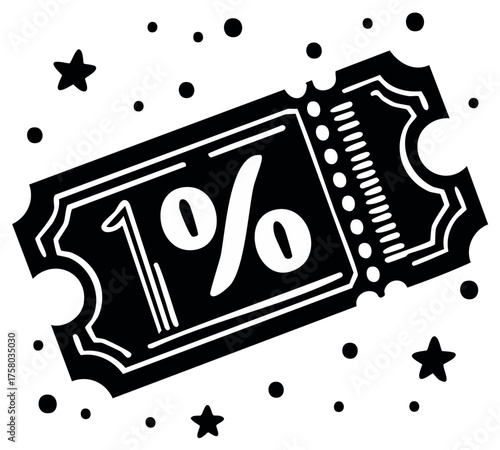 Black and white illustration of a ticket with one percent discount and confetti