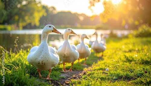 A Row Of White Ducks Walking On A Grassy Path Next To A Lake With Golden Sunlight Shining Through The Trees In The Background