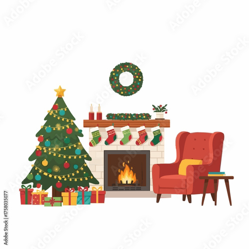 Illustration of  Christmas tree, fireplace, and gifts in living room