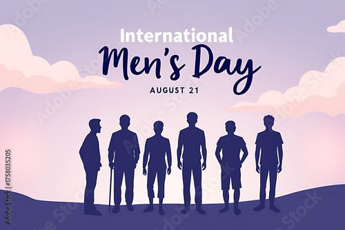 International mens day poster with silhouettes against a pastel sky backdrop