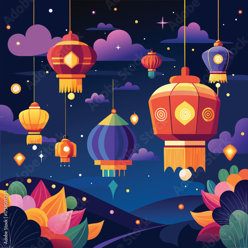 vesak lanterns floating into the night sky.eps