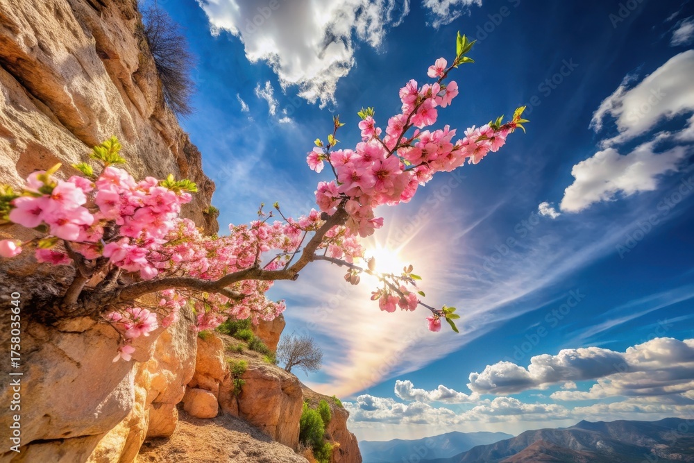 Naklejka premium A Stunning Panorama of Pink Blossoms Flourishing on a Rocky Cliffside Under a Vivid Spring Sky