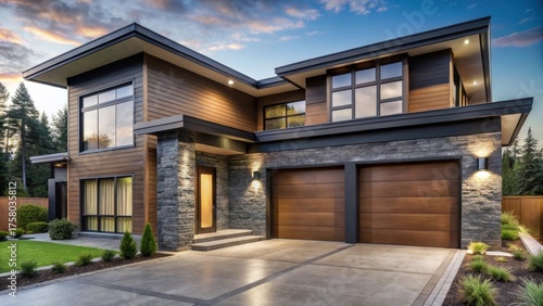 Modern Architectural Home Design with Expansive Windows and Stone Accents at Dusk