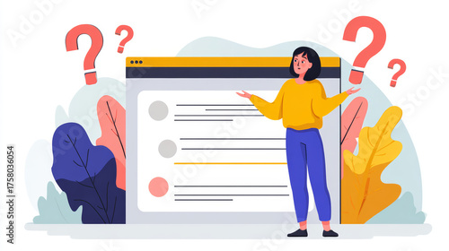 Confused woman question mark web page list female standing shrugging illustration flat design