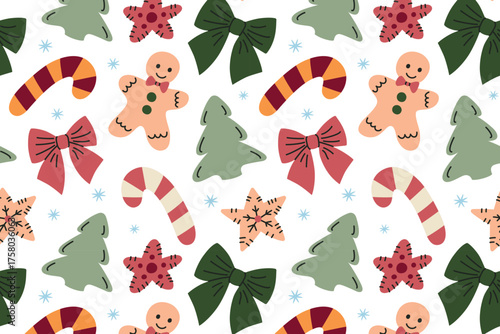 Seamless Christmas pattern with textile decorations, bows, candy canes, gingerbread men, toy trees, embroidered stars and snowflakes, flat cartoon vector illustration for festive and holiday design