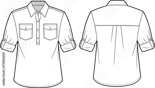 Half button shirt technical flat sketch with roll up sleeves and double chest pockets design, cad drawing flat vector illustration