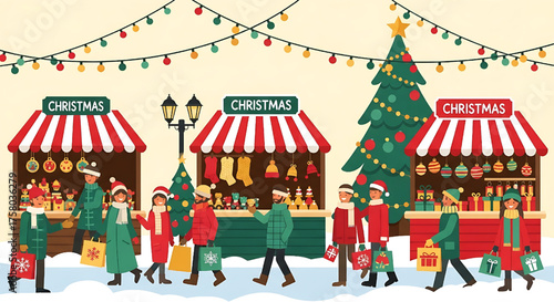 Christmas Market Festive Scene with Holiday Shopping