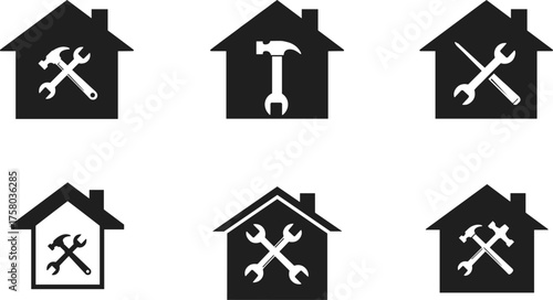  Home repair tool icons, house silhouette with wrench and hammer, black vector illustration, handyman service symbols, construction and maintenance graphics, DIY tools