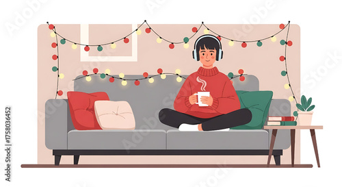 Relaxed Person Listening to Music at Home with Festive Lights