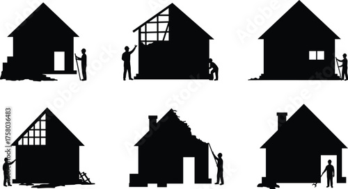 House construction silhouette set, renovation and repair scenes, workers building homes, cleaning, painting, demolishing, vector illustration of residential labor activities