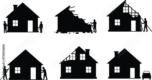 House construction silhouettes, renovation stages, building process, home improvement, framing, painting, demolition, vector illustration, black icons, editable EPS, residential architecture