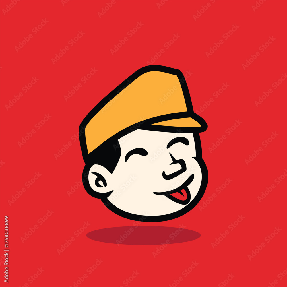 Obraz premium Cartoon face of a surprised or confused boy wearing a yellow cap. Expressive emotional vector illustration on red background, ideal for mascot, logo, or sticker design