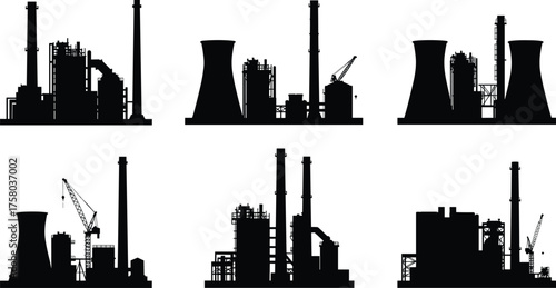Industrial factory silhouettes, black vector icons of manufacturing plants, chimneys, cooling towers, construction sites, refinery structures, isolated on white background, editable illustration