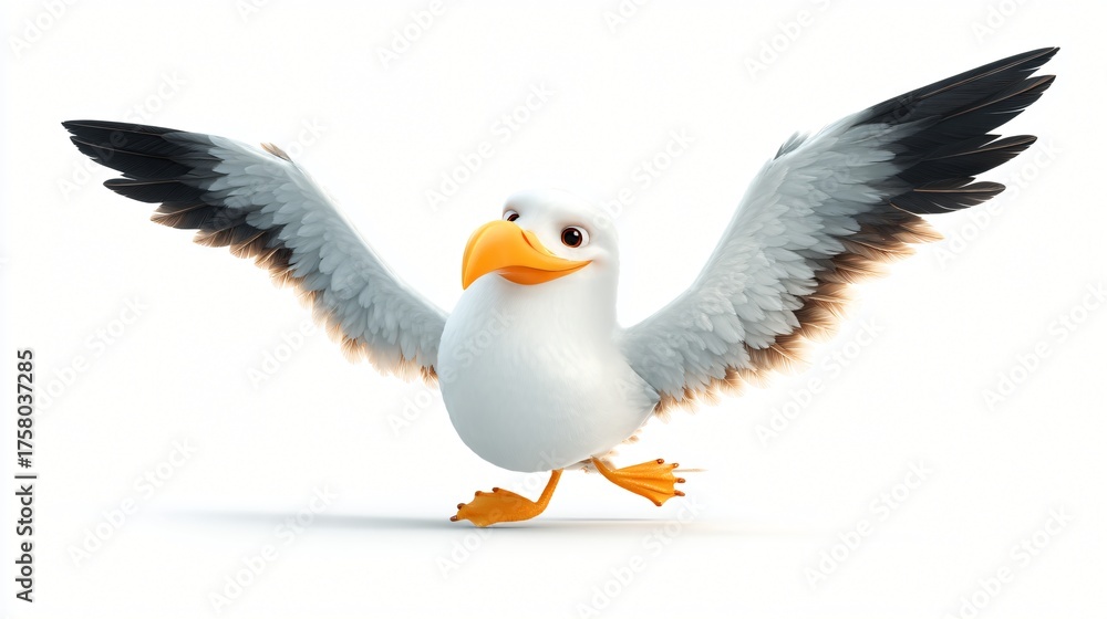 Fototapeta premium A cheerful cartoon seagull with wings spread wide and legs in motion presented on a clean white background