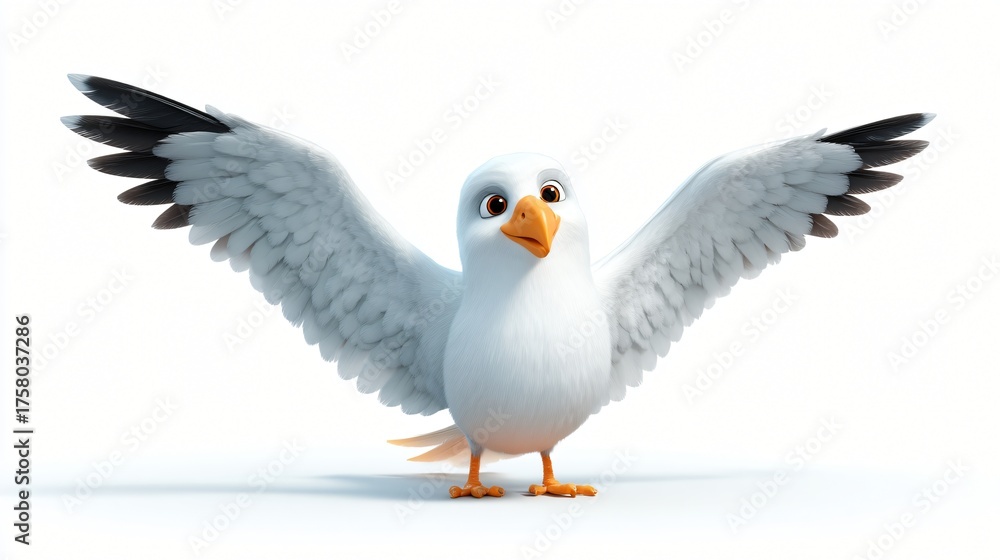 Fototapeta premium A cartoon seagull with its wings spread wide and looking directly at the camera isolated on a white background