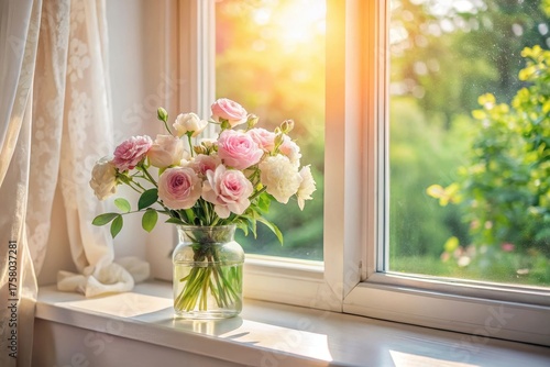 A bouquet of delicate pink and white roses in a clear glass vase sits on a sunlit windowsill, bathed in the warm glow of the afternoon sun, overlooking a lush green garden outside