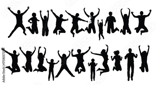 Vector art of a diverse group of people of various ages and sizes jumping joyfully in the air