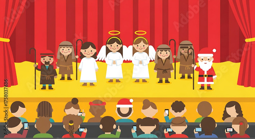Christmas Nativity Play on Stage with Audience Vector Illustration